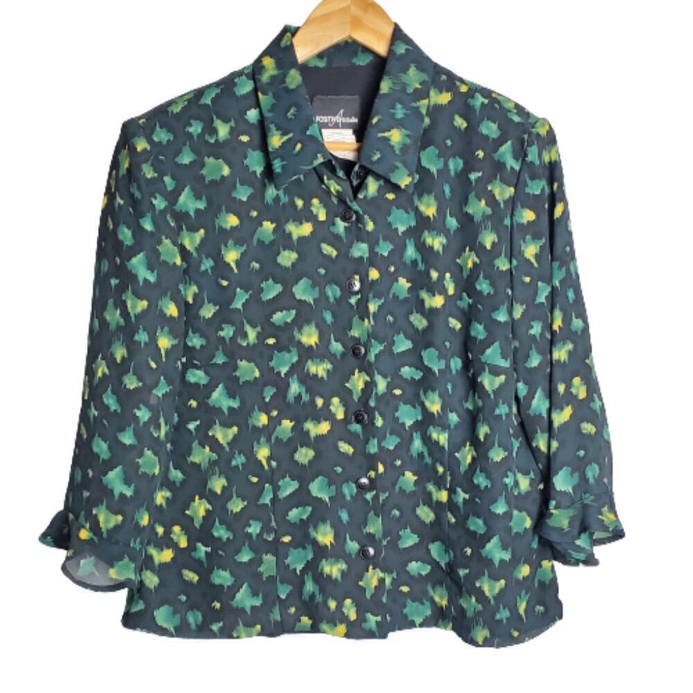 Positive Attitude Y2K Blouse Womens Size 14 Green Floral Ruffle Whimysgoth Retro